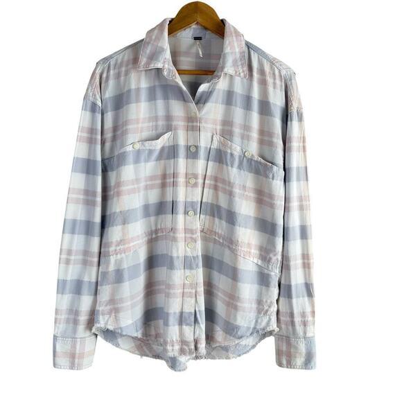 Free People Loveland Plaid Button Down Shirt Top White Pastel Pink Blue, Size XS - Picture 1 of 13